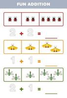 Education game for children fun addition by counting and tracing the number of cute cartoon ladybug moth dragonfly printable bug worksheet vector