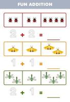 Education game for children fun addition by counting and tracing the number of cute cartoon ladybug moth dragonfly printable bug worksheet vector