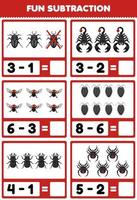 juego educativo para niños diversión resta contando y eliminando dibujos animados lindo cucaracha escorpión mosca piojo escarabajo araña hoja de trabajo de error imprimible vector