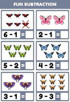 Education game for children fun subtraction by counting and eliminating cute cartoon butterfly printable bug worksheet vector