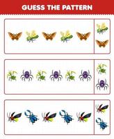 Education game for children guess the pattern each row from cute cartoon moth dragonfly mantis spider firefly beetle printable bug worksheet vector