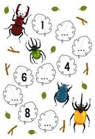 Education game for complete the sequence of number with cute cartoon beetle picture printable bug worksheet vector