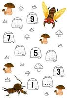 Education game for complete the sequence of number with cute cartoon cicada and cricket picture printable bug worksheet vector