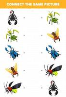 Education game for children connect the same picture of cute cartoon scorpion mantis beetle cicada firefly printable bug worksheet vector