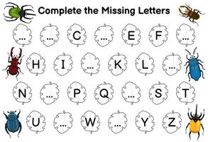 Education game for complete the missing letters with cute cartoon beetle picture printable bug worksheet vector