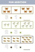 Education game for children fun addition by counting and tracing the number of cute cartoon moth cocoon silkworm printable bug worksheet vector