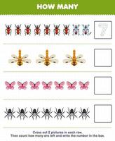 Education game for children count how many cute cartoon beetle dragonfly butterfly spider and write the number in the box printable bug worksheet vector