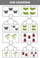 juego educativo para niños diversión contando imagen en cada caja de dibujos animados lindo mariposa oruga capullo mariquita hoja de trabajo de error imprimible vector