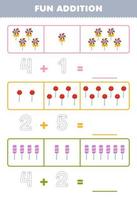 Education game for children fun addition by counting and tracing the number of cute cartoon candy printable food worksheet vector