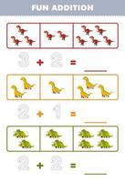 Education game for children fun addition by counting and tracing the number of cute cartoon tyrannosaurus isisaurus triceratops printable prehistoric dinosaur worksheet vector