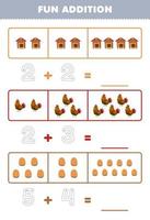 Education game for children fun addition by counting and tracing the number of cute cartoon chicken coop egg printable farm worksheet vector