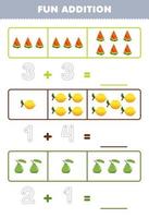 Education game for children fun addition by counting and tracing the number of cute cartoon watermelon lemon guava printable fruit worksheet vector