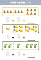 Education game for children fun addition by counting and tracing the number of cute cartoon watermelon lemon guava printable fruit worksheet vector