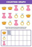 Education game for children count how many cute cartoon dress crown and ring then color the box in the graph printable wearable clothes worksheet vector