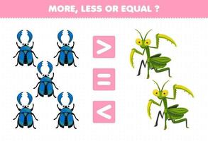 juego de educación para niños más menos o igual cuenta la cantidad de dibujos animados lindo escarabajo ciervo y mantis hoja de trabajo de error imprimible vector