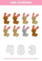 Education game for children count the pictures and color the correct number from cute cartoon rabbit printable farm worksheet vector