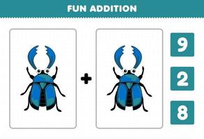 Education game for children fun addition by count and choose the correct answer of cute cartoon blue stag beetle printable bug worksheet vector