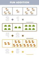 Education game for children fun addition by counting and tracing the number of cute cartoon sheep bush fox printable farm worksheet vector