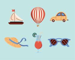 seis iconos de vacaciones de viaje vector