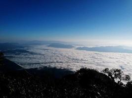 Landscape view of blue sky, white cloud and mist or fog at viewpoint on high mountain in early morning. Beauty in nature and natural wallpaper photo