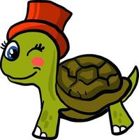 Winking turtle with a red hat, illustration, vector on white background.