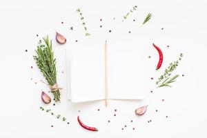 Blank notepad pages with greens herbs and spices photo