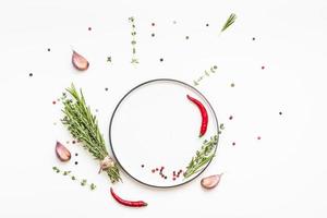 Empty plate with greens herbs and spices around photo