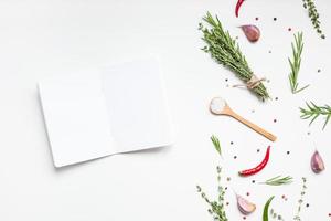 Blank notepad pages with greens herbs and spices photo