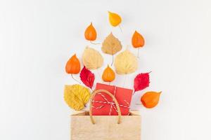 Shopping bag with flying dried flowers and leaves photo