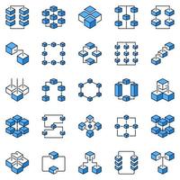 conjunto de iconos azules de blockchain - signos de tecnología de cadena de bloques criptográficos vectoriales vector