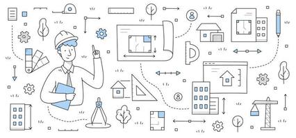 Man architect in helmet, house project blueprint vector