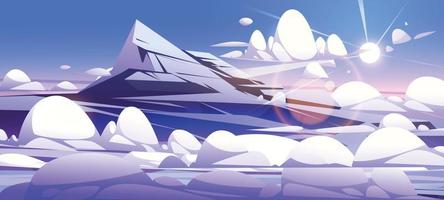 Blue sky above clouds with mountain peaks and sun vector