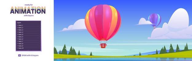 fondo de paralaje con globos aerostáticos y lago vector