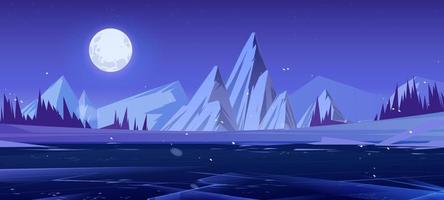 Winter landscape with ice and mountains at night vector