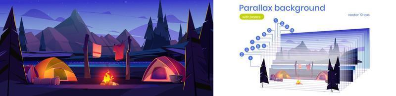 Parallax background with camp on river shore vector