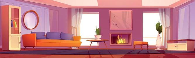 Living room, home interior with burning fireplace vector