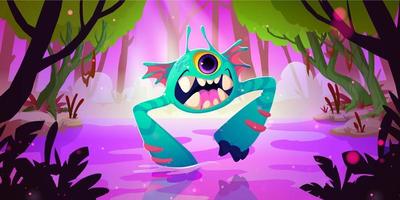 Cute funny monster in forest swamp vector