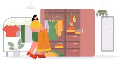 Woman standing at open wardrobe choose dresses vector
