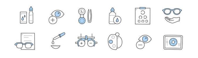 conjunto de optometría, iconos de garabatos para el cuidado de la salud ocular vector