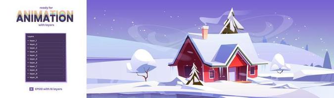 Parallax background with winter fields and house vector
