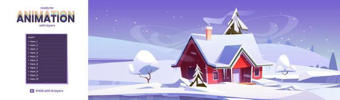 Parallax background with winter fields and house vector