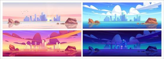 City skyline near waterfront at different day time vector