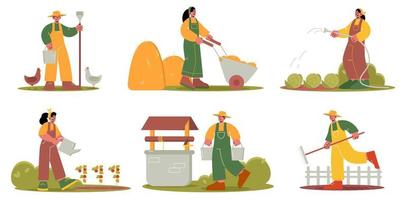 Farmers work on agriculture field and garden vector