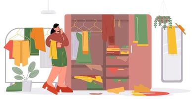 Woman choose clothes in wardrobe vector