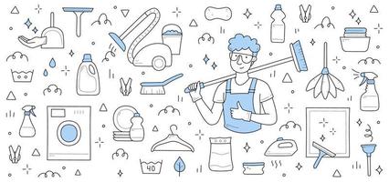 Cleaning service background with man worker vector