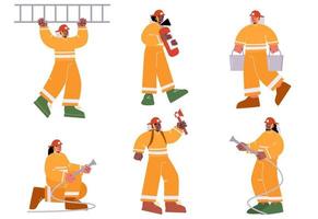 Firemen brigade with extinguisher, hose, ladder vector