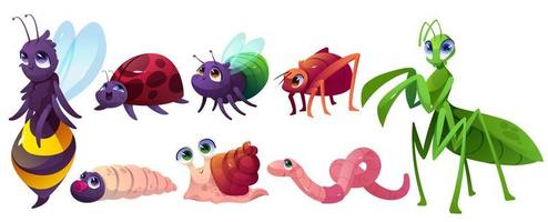 lindos personajes de insectos de dibujos animados caracol, abeja o bichos vector