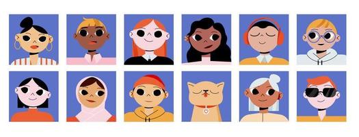 Set of people and pets avatars square round icons vector