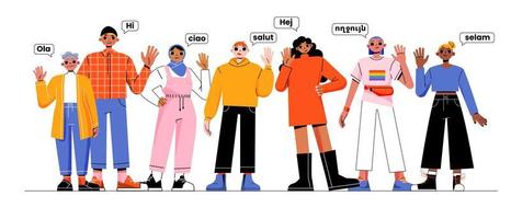 Diverse people group say hello on foreign language vector