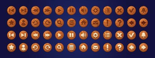 Wooden web buttons, round icons for game interface vector